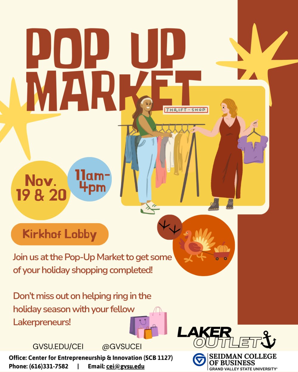 Laker Outlet Pop-Up Shop in Kirkhof Lobby from 11am - 4pm on November 19 and 20