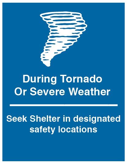 GVSU tornado safety location sign depicting a shelter location