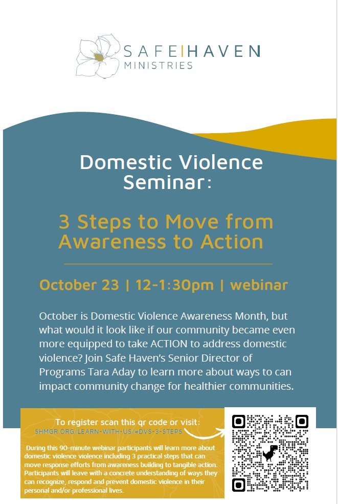 white background with a teal and mustard yellow ribbon and square with white lettering