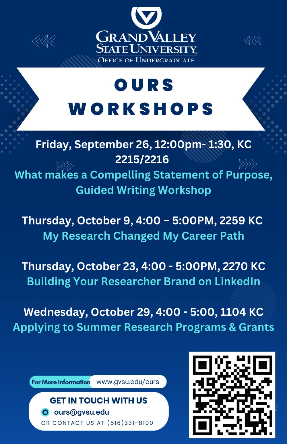 Workshop flyer with details of each program, date, and location