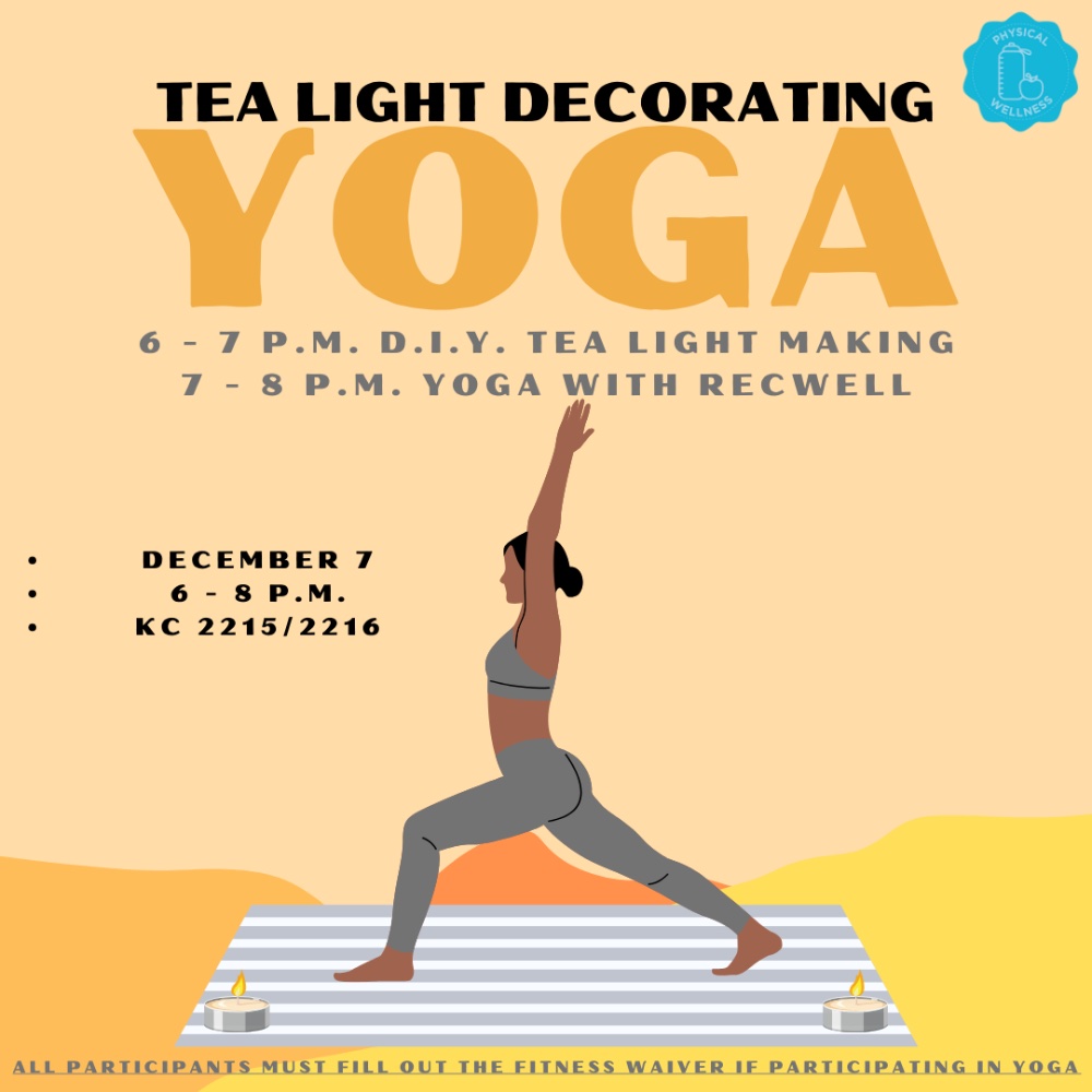 girl with arms up doing a yoga pose on a gray and white striped yoga mat with two tea lights on the mat towards the front of the photo.