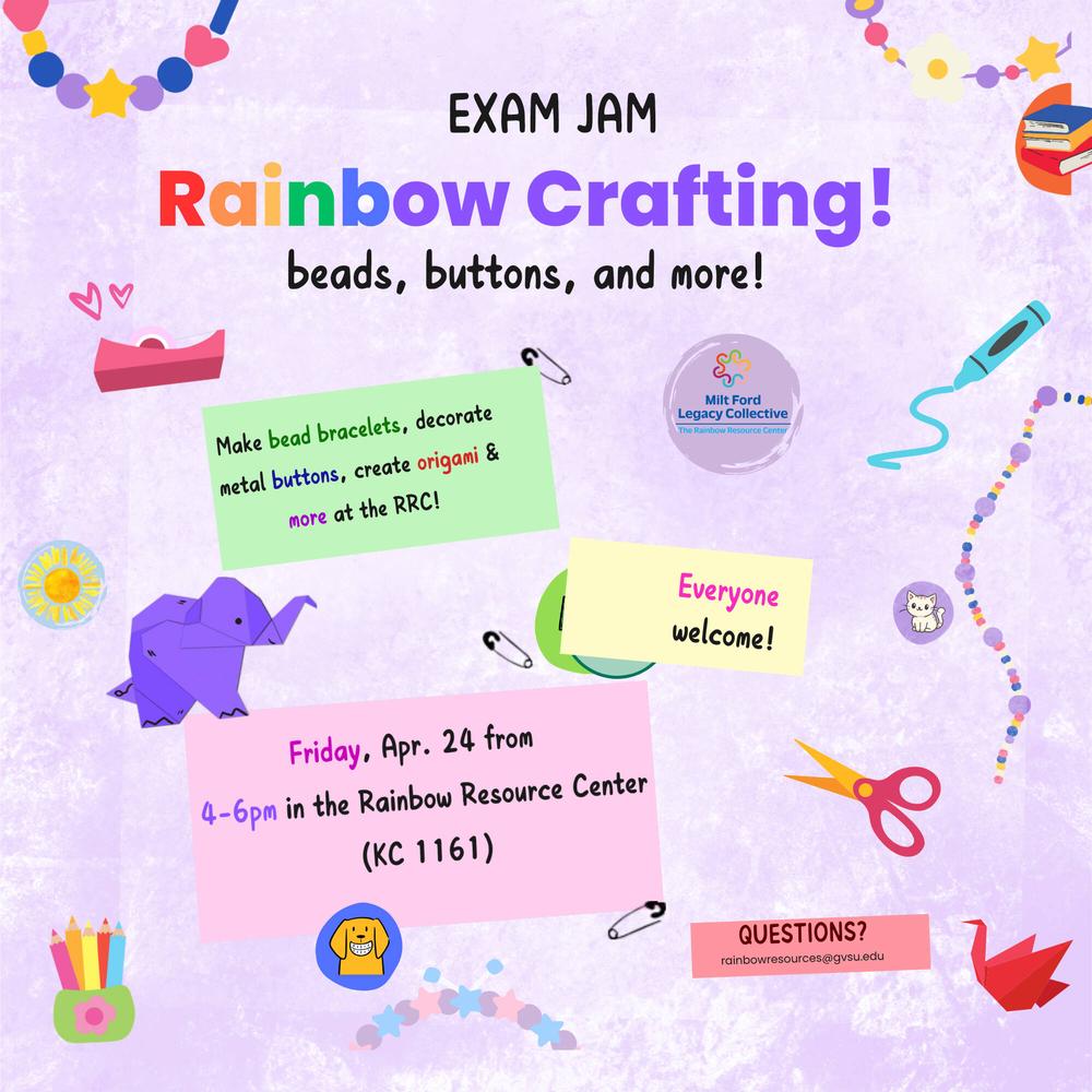Rainbow Crafting, a mottled gentle lavender background with a smattering of crafting supplies