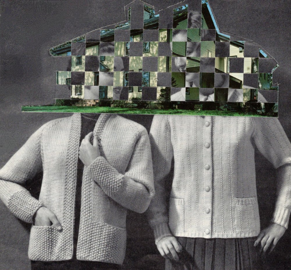Black and white photograph of two people in clothing which might be from the 1940s or 1950s. The shape of a house has been woven between their heads.