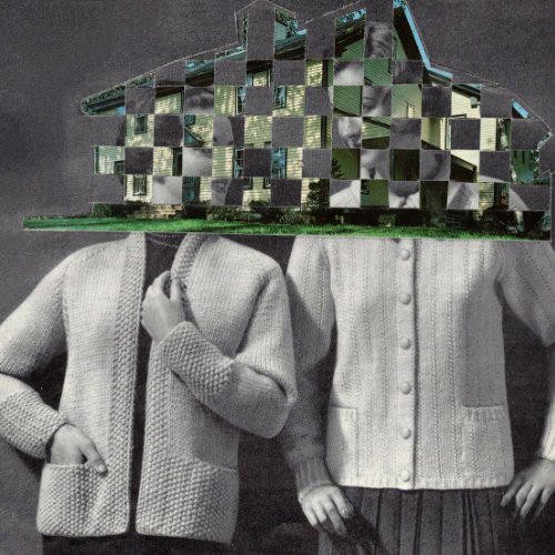Black and white photograph of two people in clothing which might be from the 1940s or 1950s. The shape of a house has been woven between their heads.