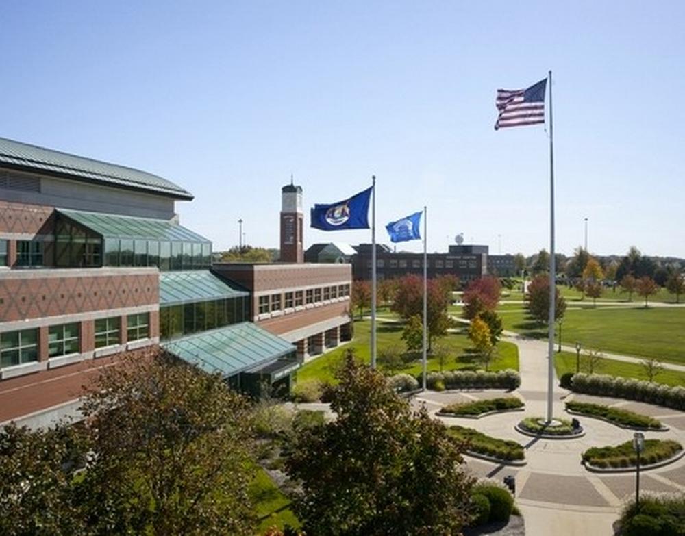 Aerial shot of the student services building on GVSU's Allendale Campus