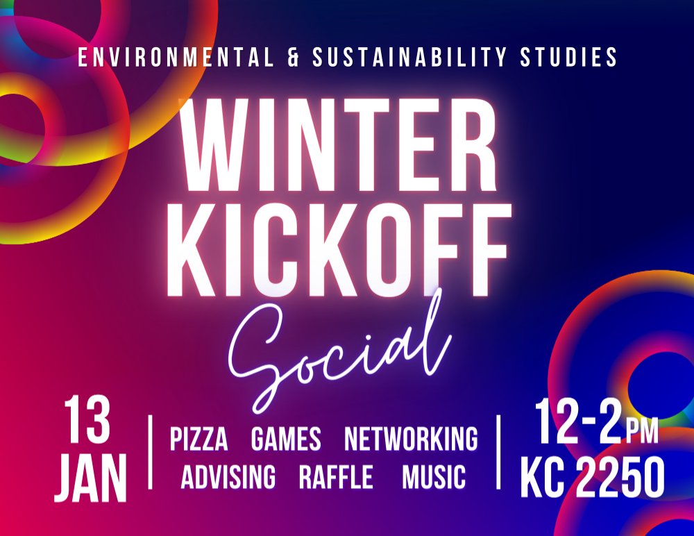 Blue and pink flyer with glowing white text promoting the Winter Kickoff