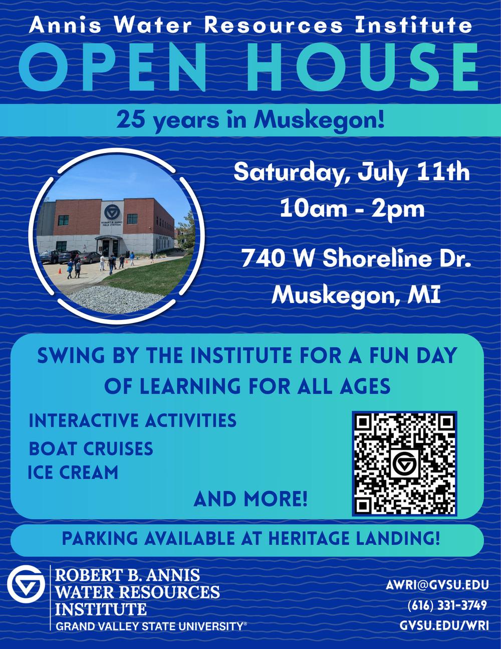 Flyer for AWRI's community open house on July 11, 2026 advertising a fun day of learning with activities, boat cruises, and ice cream.