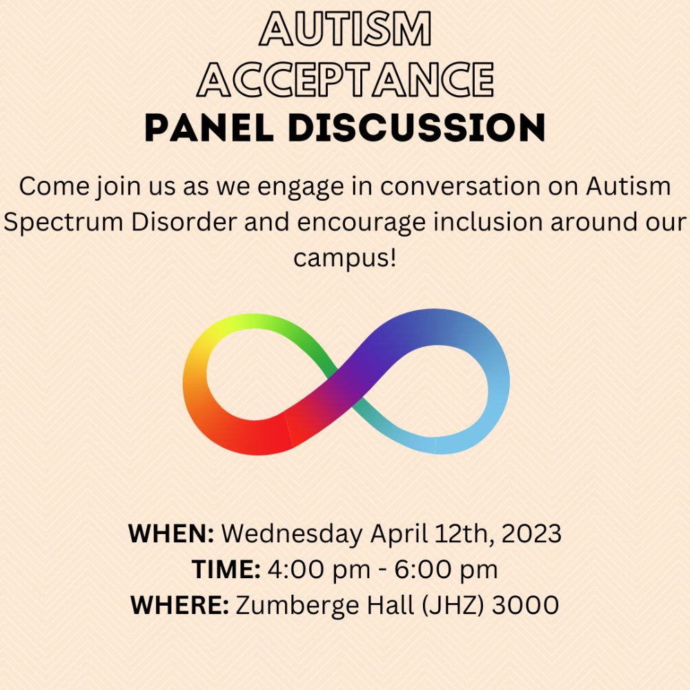 A promotional flyer for the event. Encourages attendance to engage in conversation and encourage inclusion around campus. Rainbow infinity symbol included.