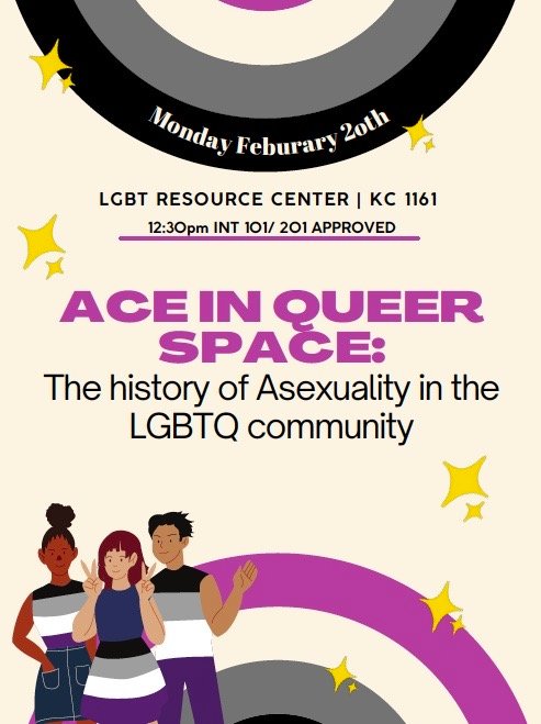 Event flyer with title and info, three cartoon people in ace flag apparel. Themed with purple, grey, black, with gold stars.