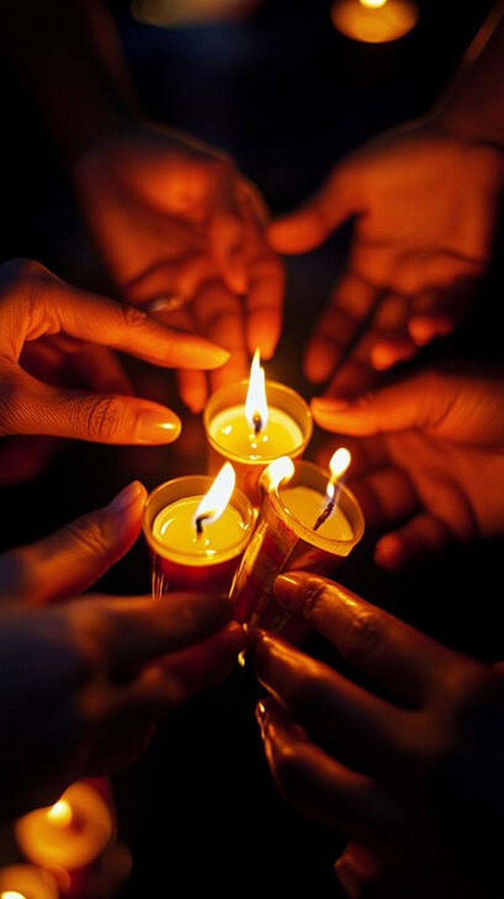 a circle of hands hold together three small candles, glowing brightly in the darkness