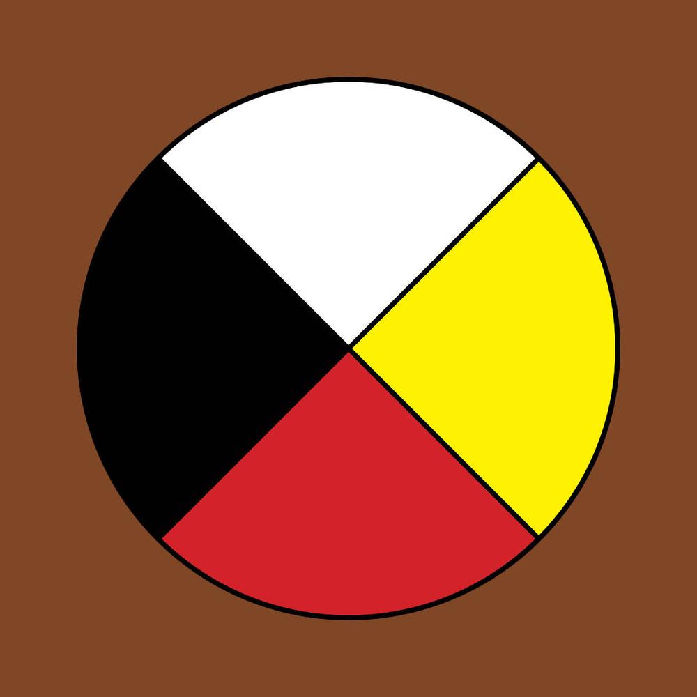A medicine wheel - a circle divided into four with black to the west, white to the north, yellow to the east, and red to the south.