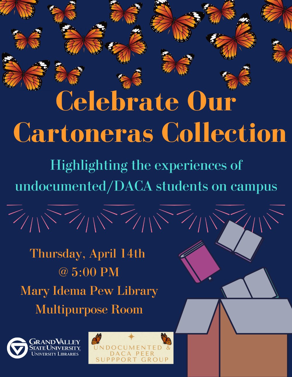 Flyer with cartoneras event details including imagery of monarch butterflies and books being placed in a box