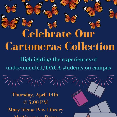 Flyer with cartoneras event details including imagery of monarch butterflies and books being placed in a box