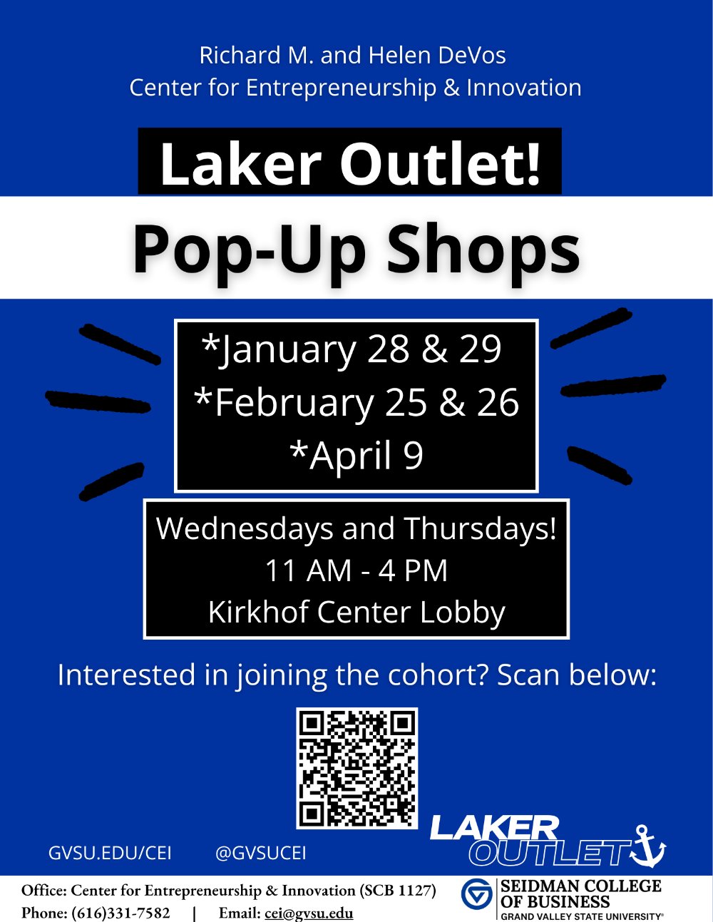 Laker Outlet General Flyer to advertise pop-up shops on January 28 and 29, February 25 and 26, and April 9 from 11am - 4pm each of those days in Kirkhof Center Lobby