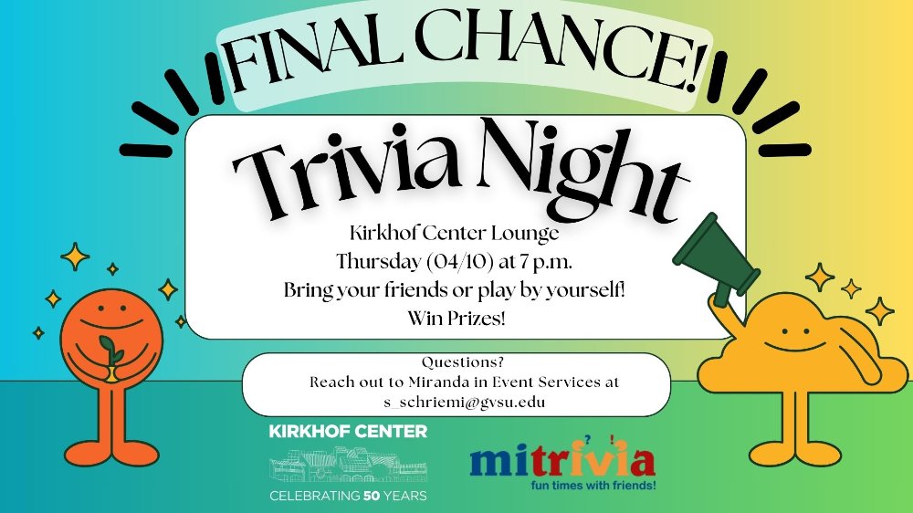FINAL CHANCE  to play Trivia this Thursday (04/10) at 7 p.m.