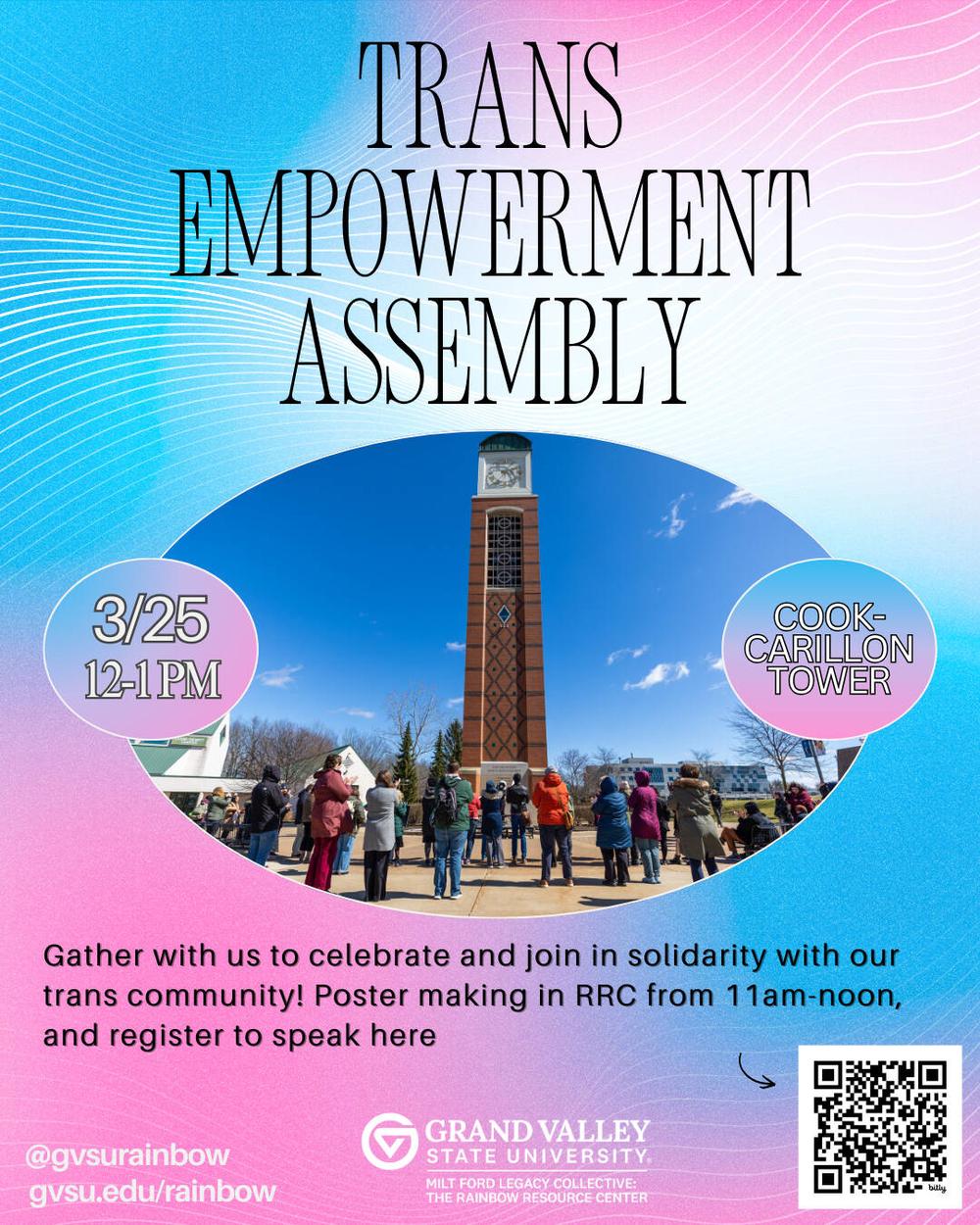 A picture from the 2025 trans empowerment assembly with a group of people gathered at the clocktower