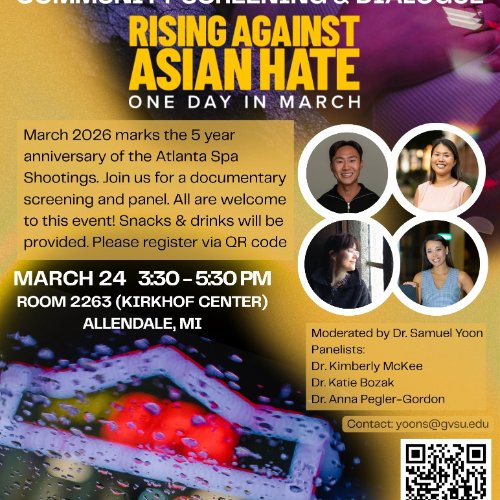 Poster for Rising Against Asian Hate Community Screening. Includes images of speakers and event description.