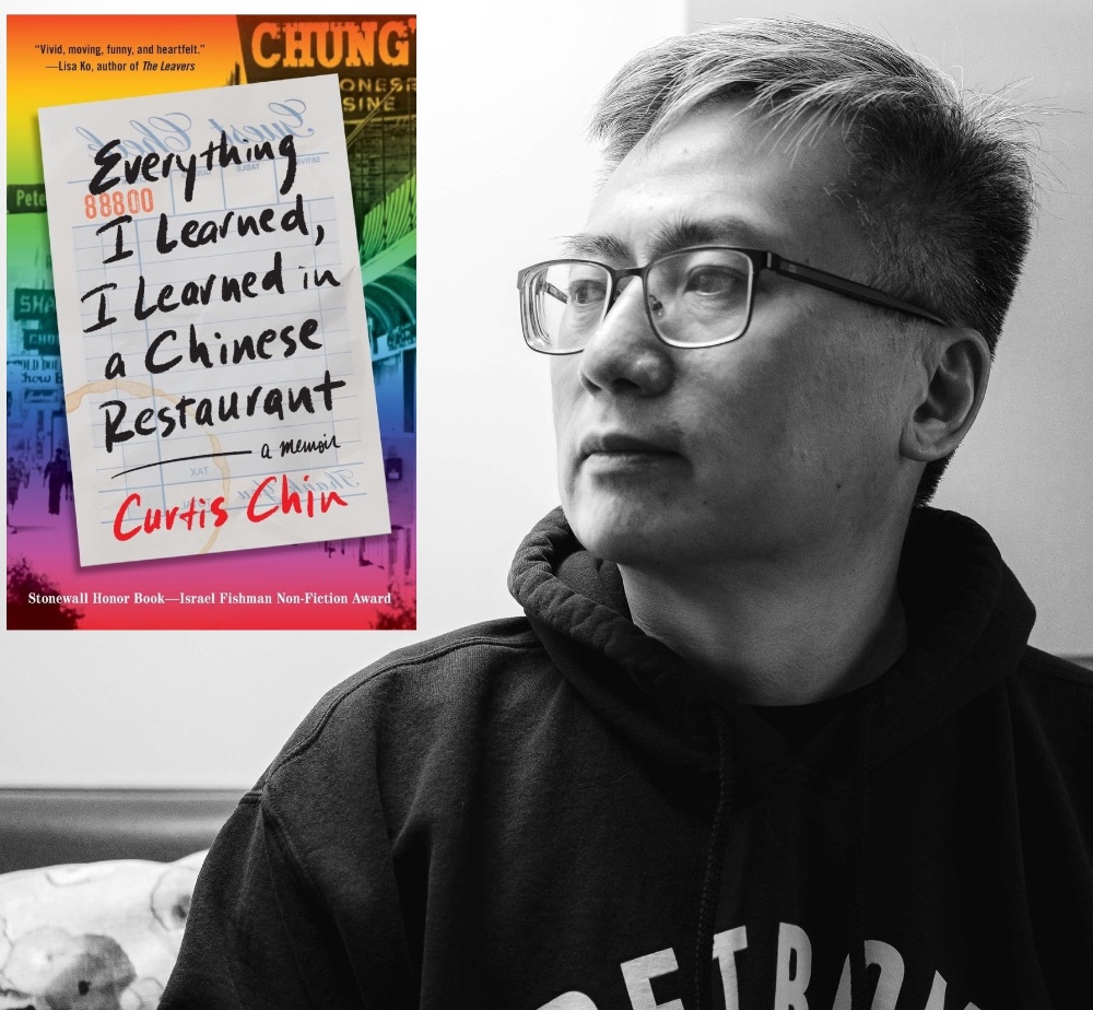 photo of author Curtis Chin with cover of his book