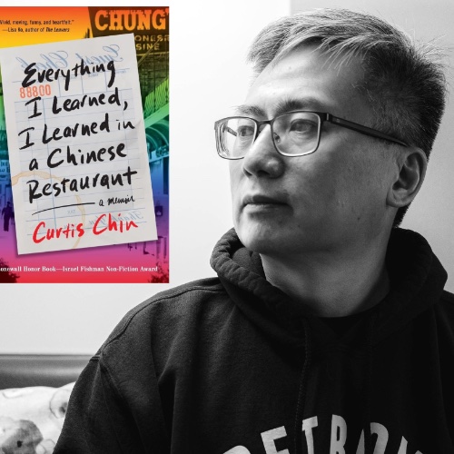 photo of author Curtis Chin with cover of his book