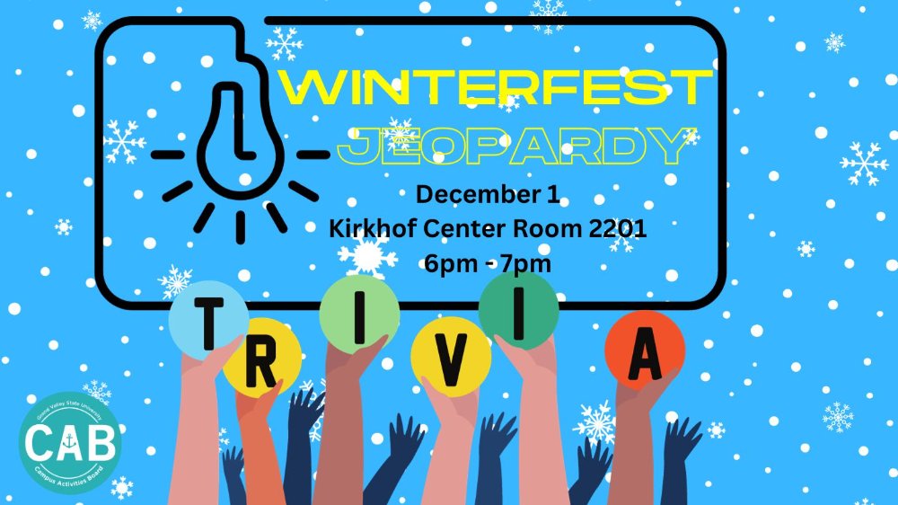 Hands holding up Trivia signs with words at the top stating, Winterfest Jeopardy December 1 Kirhof Center Room 2201 6pm-7pm