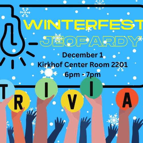 Hands holding up Trivia signs with words at the top stating, Winterfest Jeopardy December 1 Kirhof Center Room 2201 6pm-7pm
