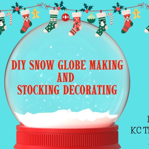 A large snowglove with stocking hangings from the top with words inside the snowglobe saying, DIY Snowglobe Making and Stocking Decorating. In the bottom right corner, words stating,  December 1 KC Thornapple 0058 7pm-9pm