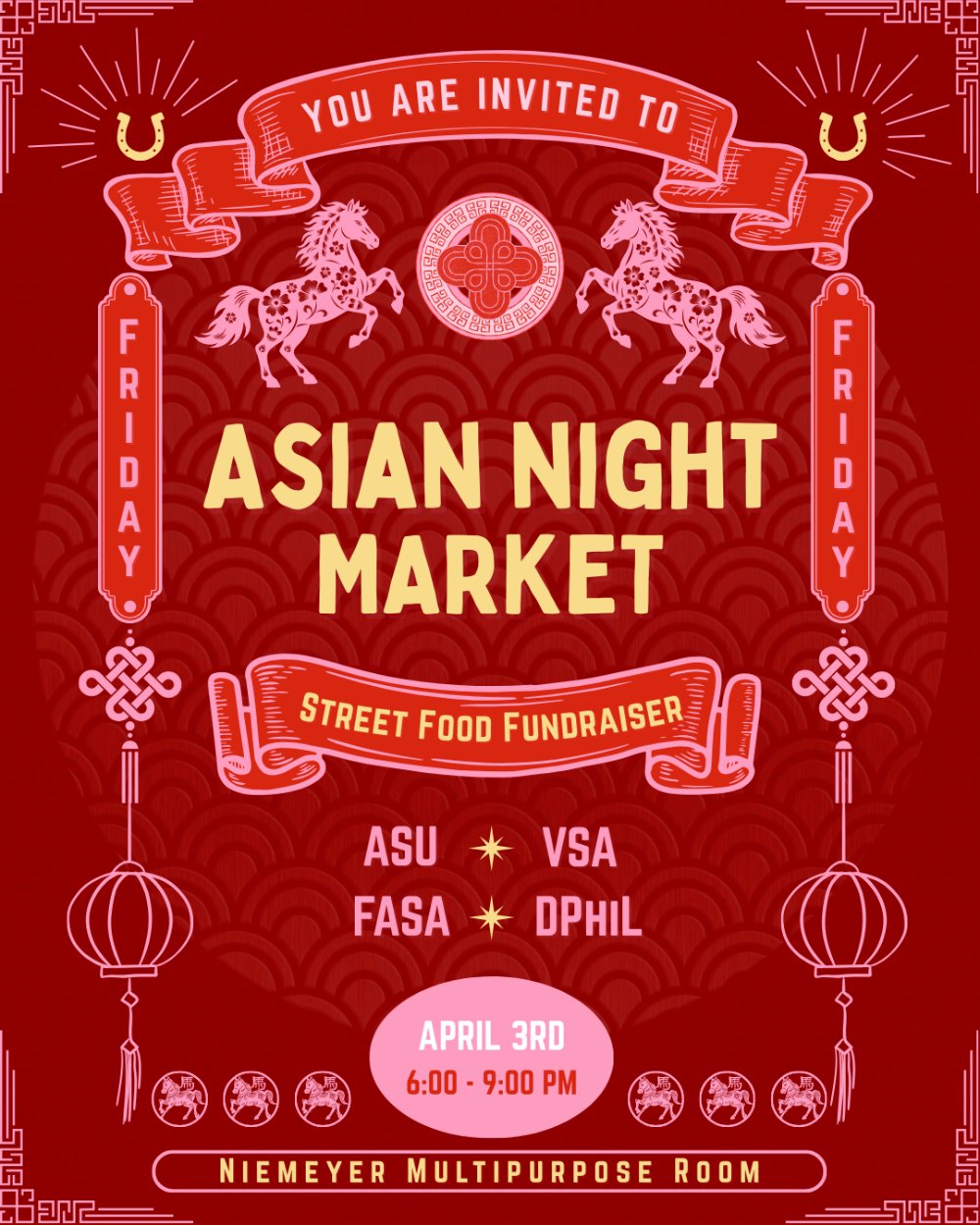 Asian Night Market Flyer, with horses, lanterns, and banners.