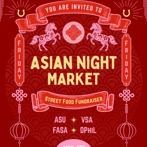 Asian Night Market Flyer, with horses, lanterns, and banners.