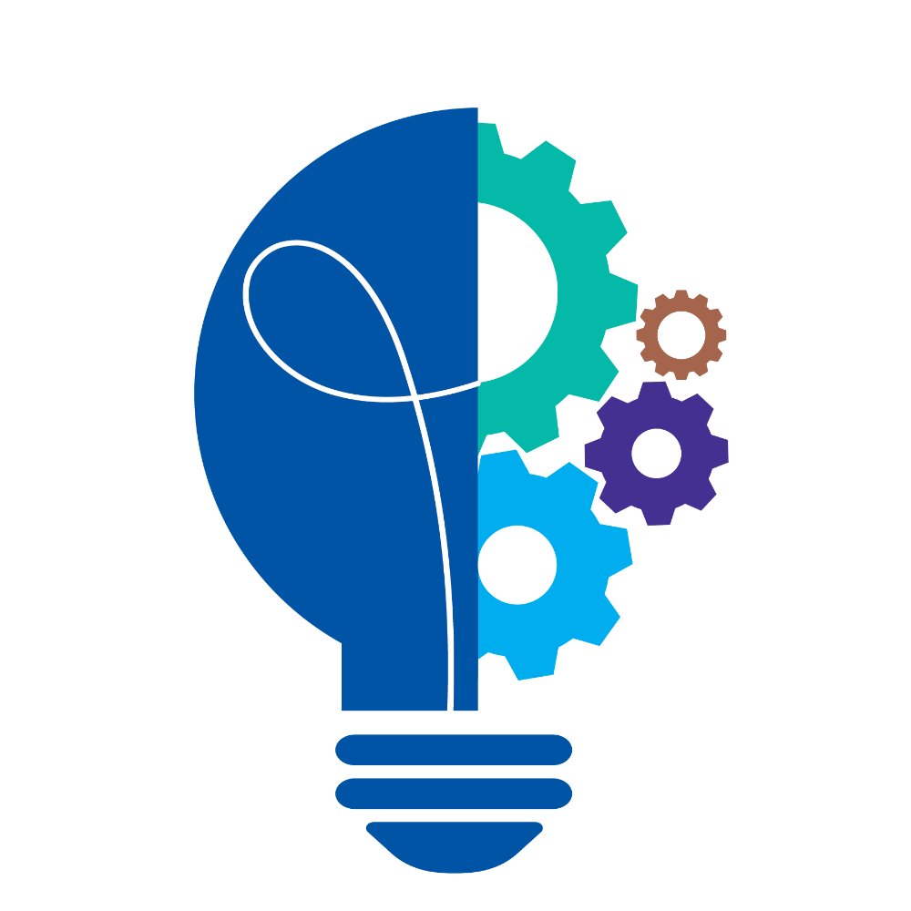 OURS lightbuld  and gears image with hues of dark to light blue coloring