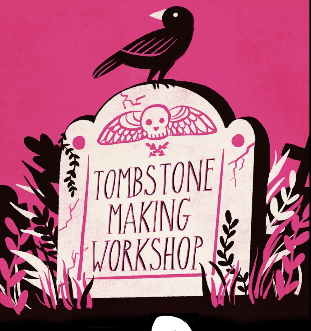 Tombstone making workshop written on a tombstone with a black bird on top of it with a pink background