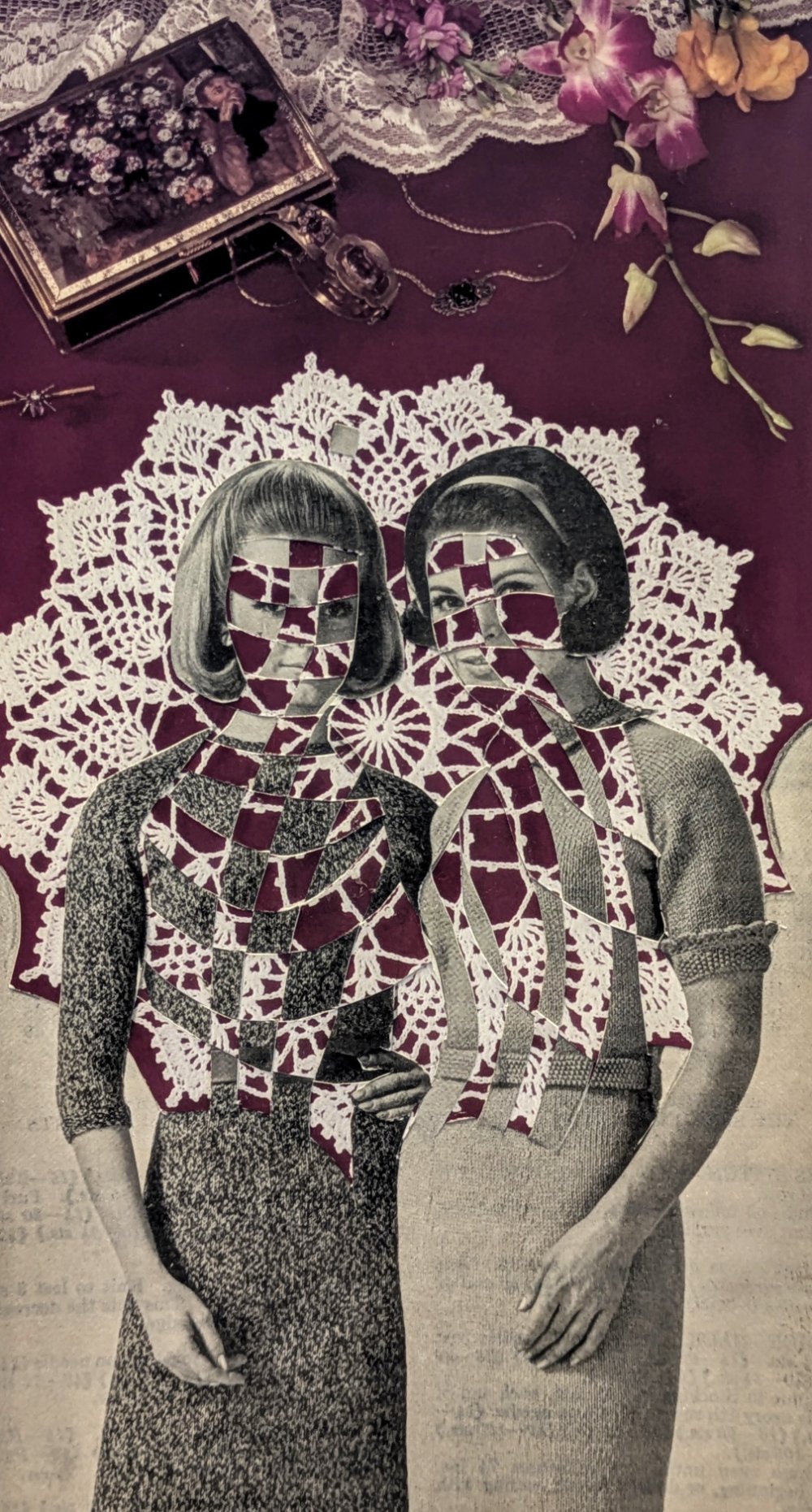 paper weaving of a black and white image with two women fractured by a white doily. Flowers and a case are above their heads.