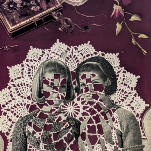 paper weaving of a black and white image with two women fractured by a white doily. Flowers and a case are above their heads.