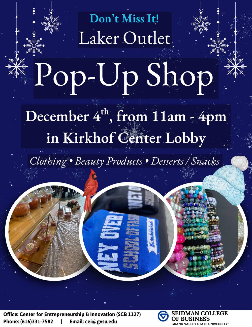 December 4th laker outlet happening in Kirkhof Center from 11 am to 4pm! Wintery design with snowflakes.
