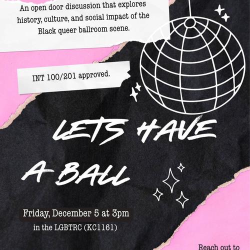 Pink and black background with disco ball with vibrant white text reading "Let's have a Ball!"