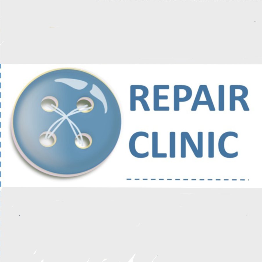 Blue Button Sewn with White Thread left of the words Repair Clinic