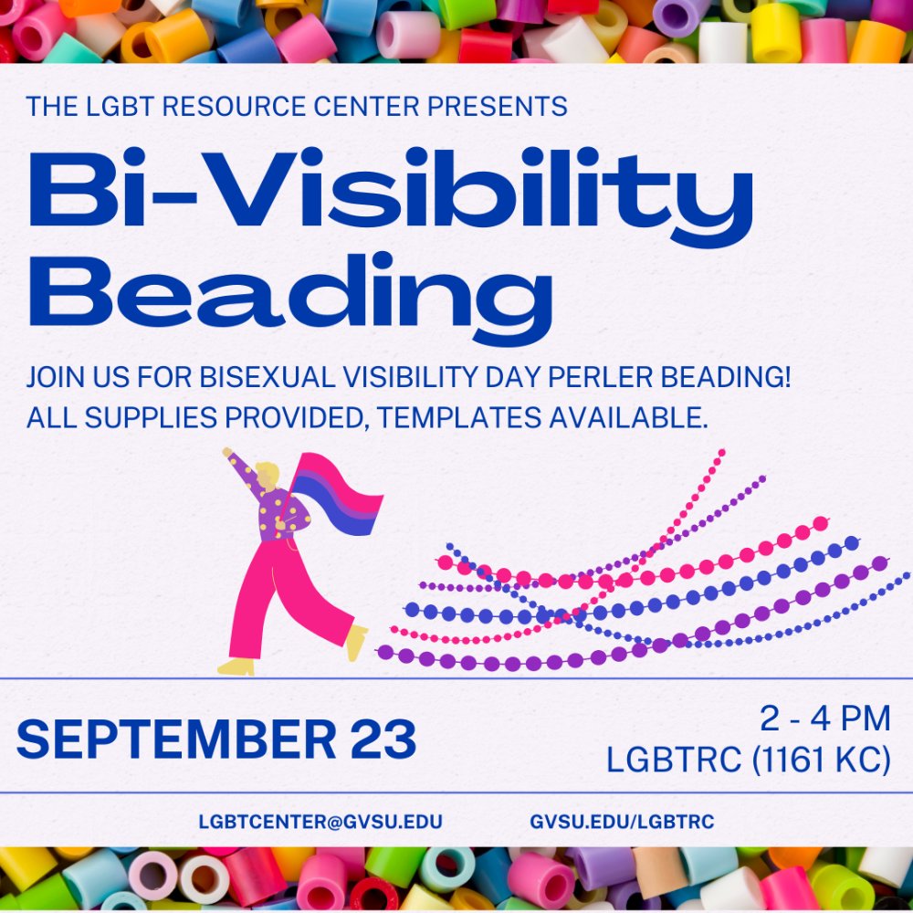 A poster for Bi-Visibility Beading. "Join us for bisexual visibility day perler beading! All supplies provided, templates available."