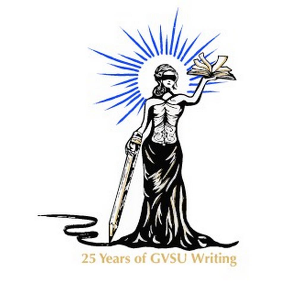 Woman wearing a long dress and a blindfold holds a book in her upraised hand a large pencil touching the ground and leaving a scribble in the other.