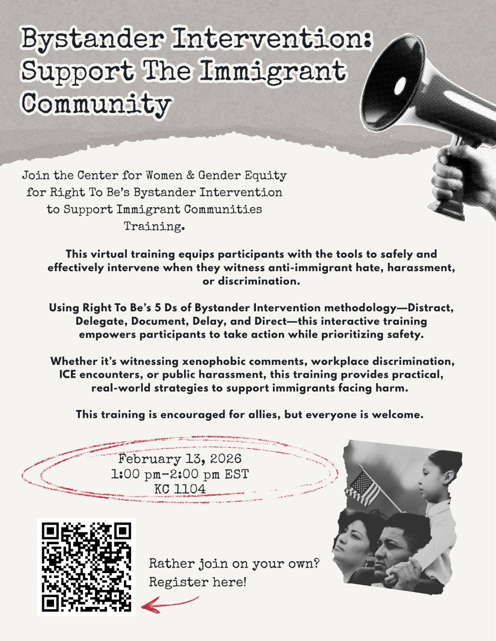 Image is a flyer with details about a virtual training on bystander intervention for the immigrant community
