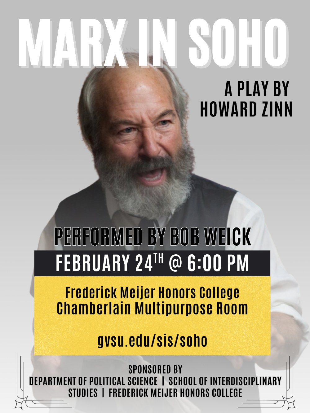 An actor dressed as Karl Marx with details about the event in text