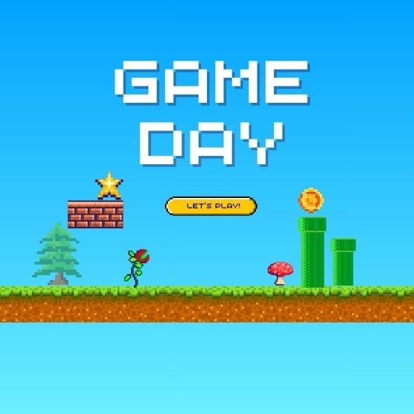Game Day, Let's Play! Vintage video game scene of bricks, tubes, a piranha plant, a mushroom, a star and a coin against a blue sky.
