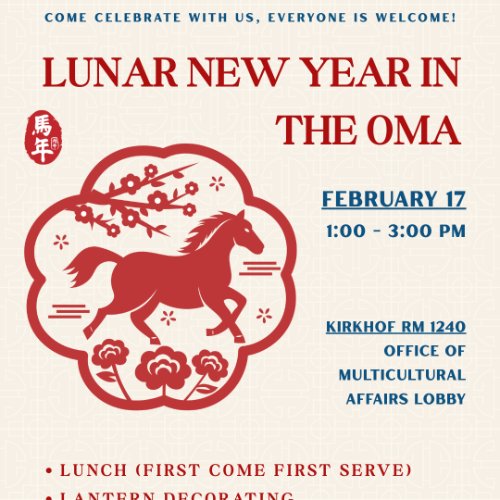 Flyer with a red horse print, Lunar New Year details.