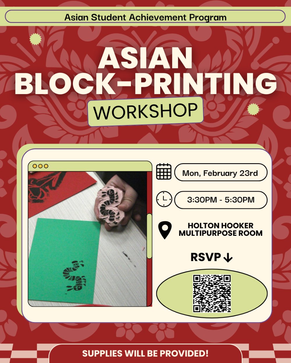 Asian Block-printing workshop flyer, with a picture of a caterpillar stamp a student made.