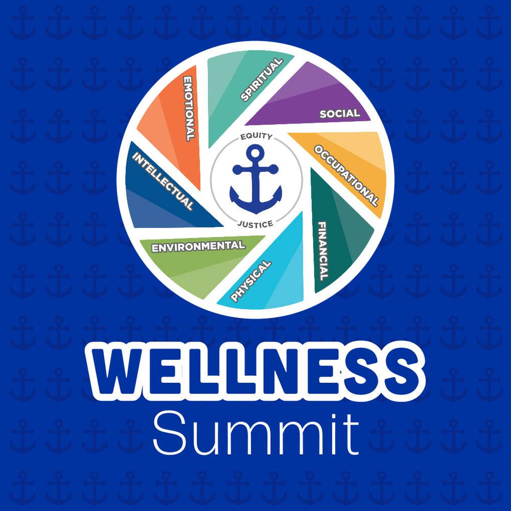 Wellness Summit graphic with 8 dimensions of wellness graphic, and anchors in the background