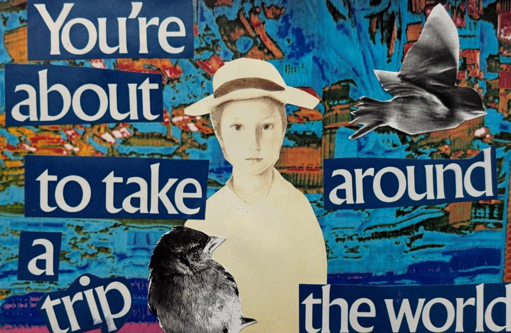 Abstract background in oranges and blues with a sepia-toned figure in the middle. The figure has a floppy hat and a neutral expression. Two birds are near the figure - one flying, one perched. "You are about to take a trip around the world." is written.