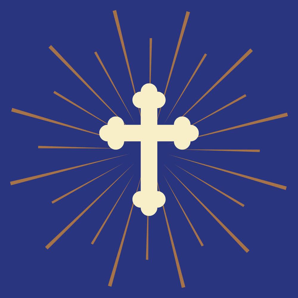 A cream-colored orthodox cross on a blue background with orange lines coming out of the center