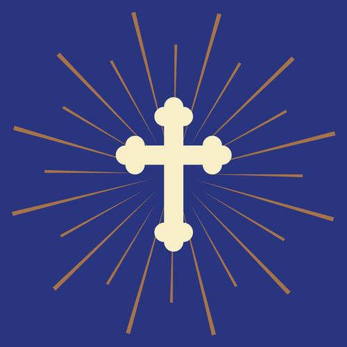 A cream-colored orthodox cross on a blue background with orange lines coming out of the center