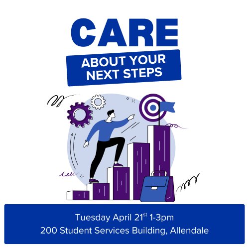 Illustration of a man climbing building blocks toward a target. Text reads "CARE About Your Next Steps: Tuesday April 21st 1-3pm, 200 Student Services Building, Allendale."