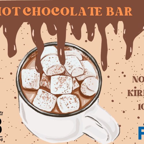 A Hot Chocolate with a title stating, Hot Chocolate Bar with the logos of Campus Activities Board and Laker Food Co. with date and time information stating November 30 Kirkhof Lobby 10AM-12PM