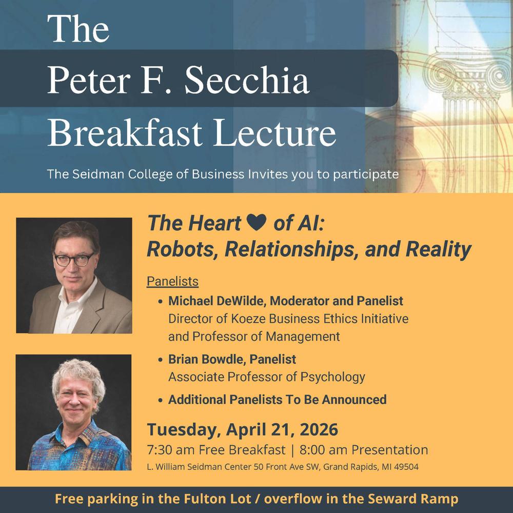 The Heart of AI: Robots, Relationships, and Reality flyer with panelist headshots and event details