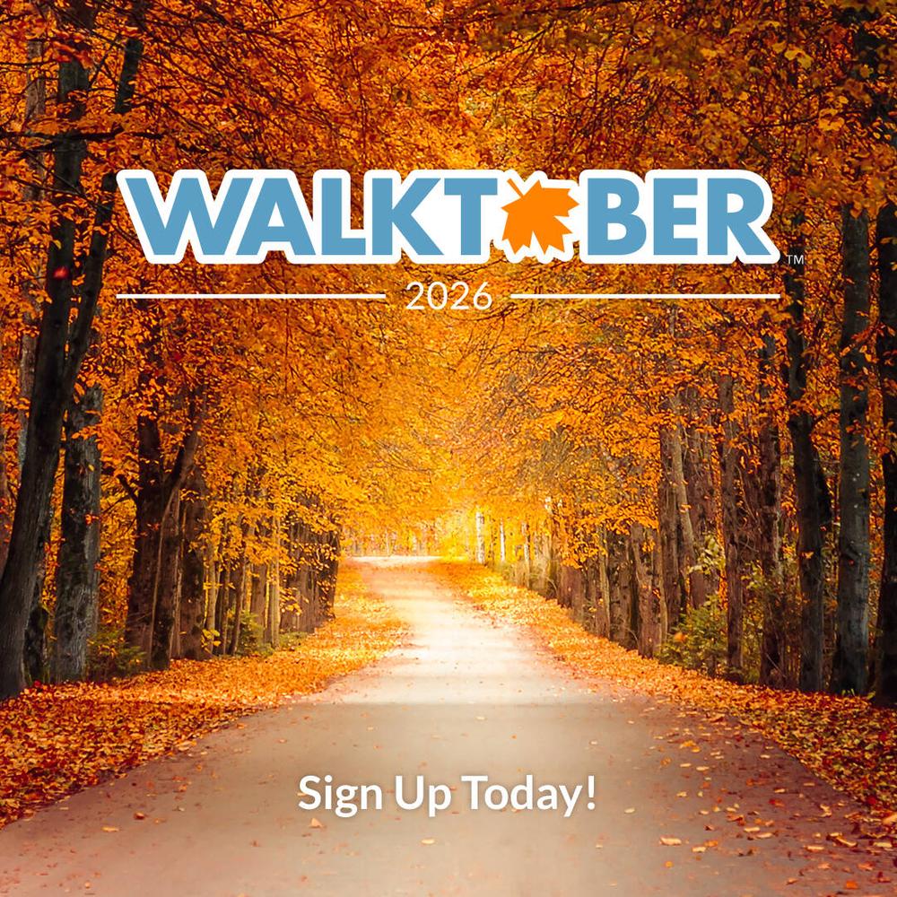 Walktober logo over a photo of orange, fall leaves, with a prompt to "Sign up today!"